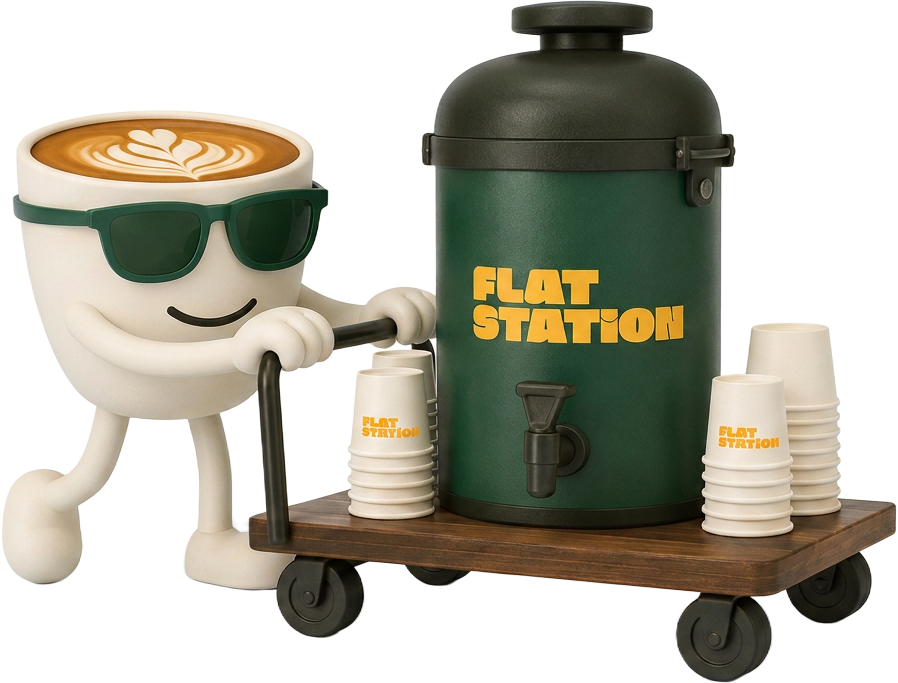 Personaje Flat Station con carrito de café para oficina